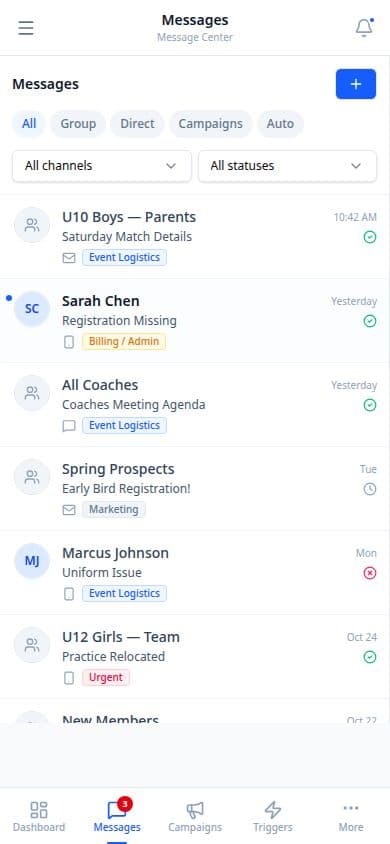 Parent mobile view of club messages — practice updates and team communications