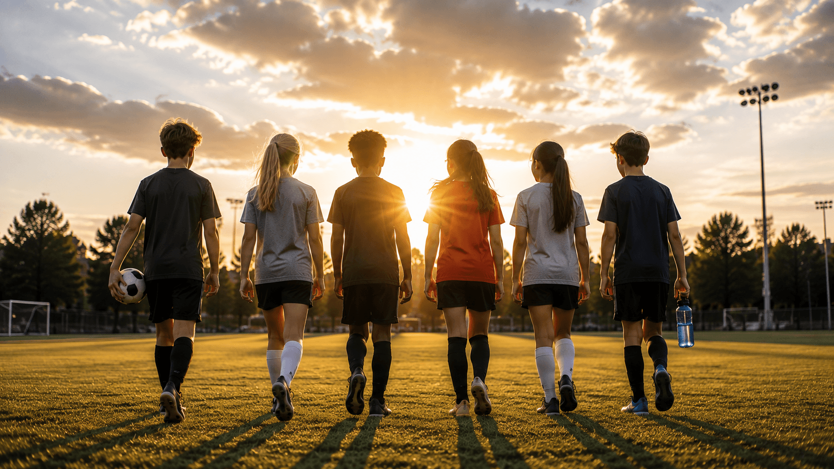 Youth athletes walking onto the field at sunset